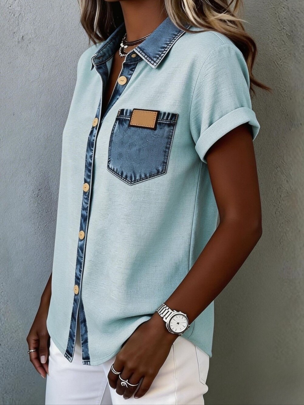 Hudson Short Sleeve Denim Trim Top - Blue